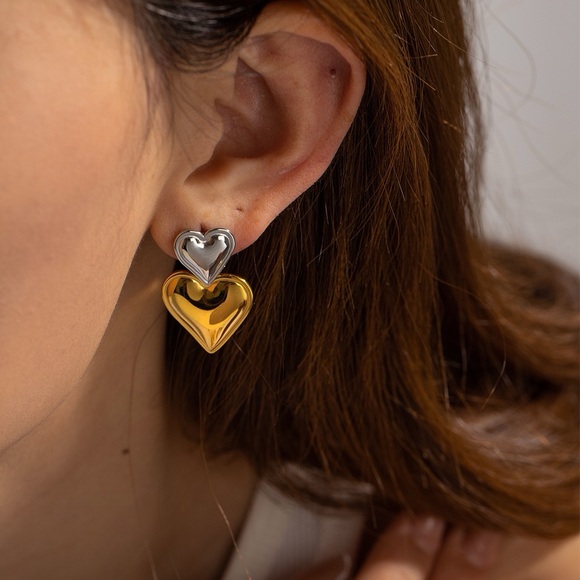 Waterproof Double Heart Drop Earrings*Tarnish Free - Picture 3 of 6
